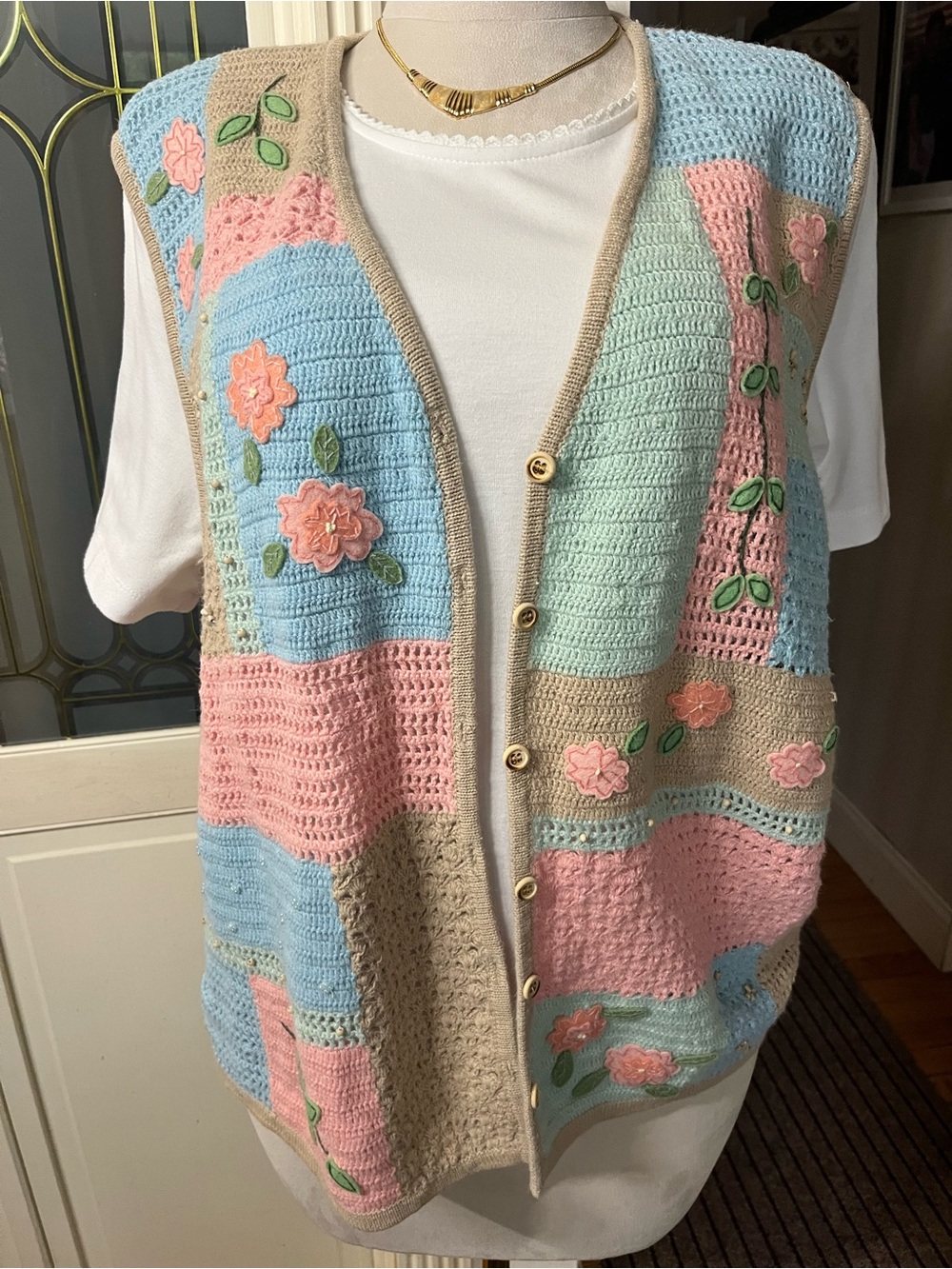 Koret Francisca 2X Patchwork Crochet Floral Sweater Vest Cardigan Plus Size